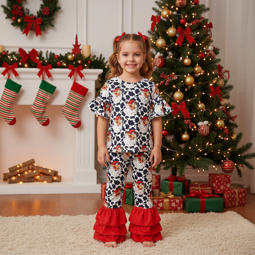 Cow spots Santa two piece ruffle set