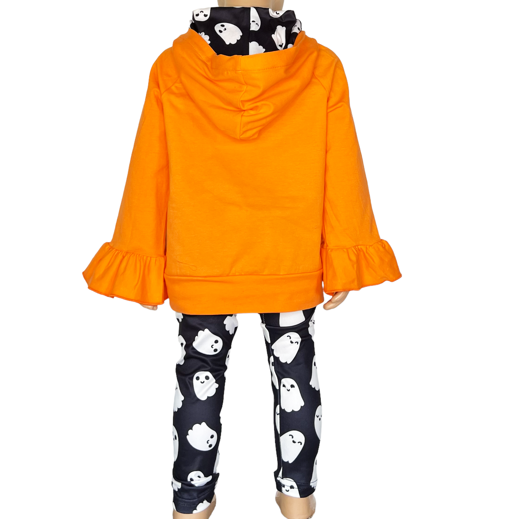 Girls Black & Orange Halloween Ghost Ruffle hoodie and Leggings Outfit-4