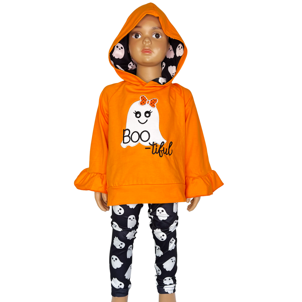 Girls Black & Orange Halloween Ghost Ruffle hoodie and Leggings Outfit-3