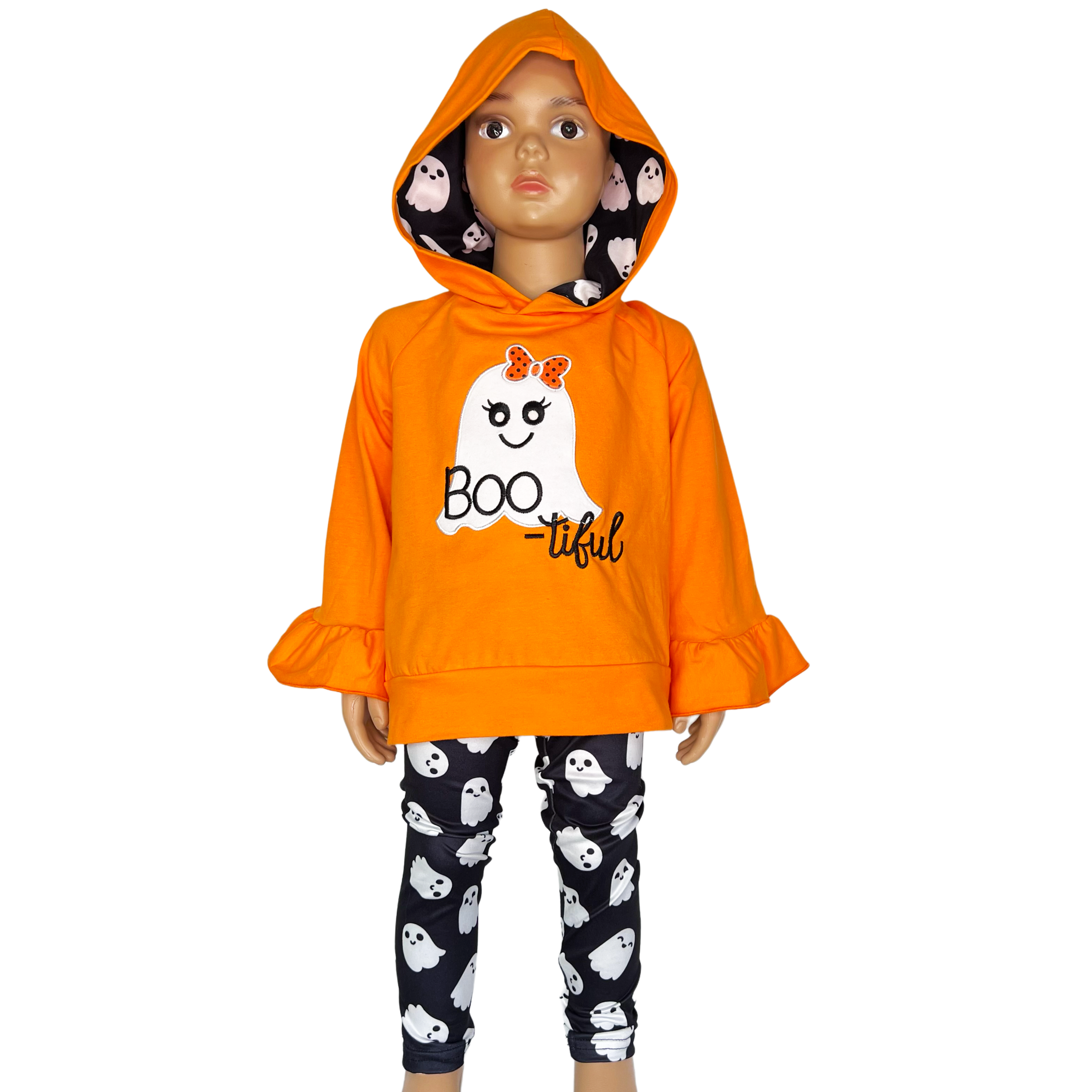 Girls Black & Orange Halloween Ghost Ruffle hoodie and Leggings Outfit-3