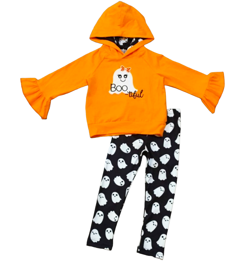 Girls Black & Orange Halloween Ghost Ruffle hoodie and Leggings Outfit-1