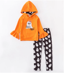 Girls Black & Orange Halloween Ghost Ruffle hoodie and Leggings Outfit-0