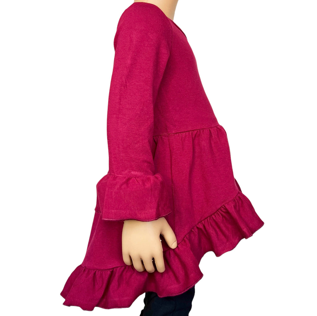 Girls Burgundy Cotton Knit Ruffle High Low Shirt 3/4 Sleeve