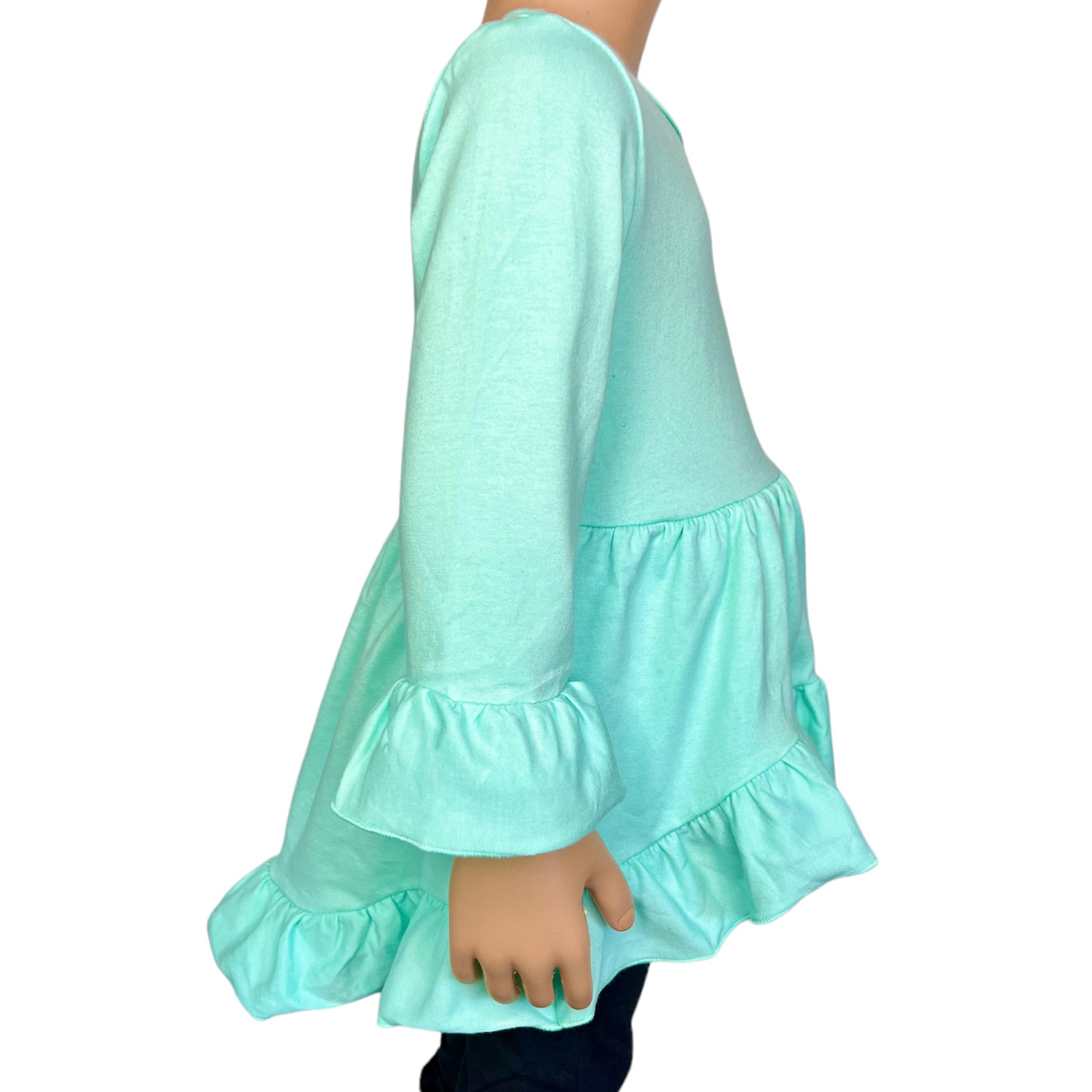 Girls Turquoise Cotton Knit Ruffle High Low Shirt 3/4 Sleeve