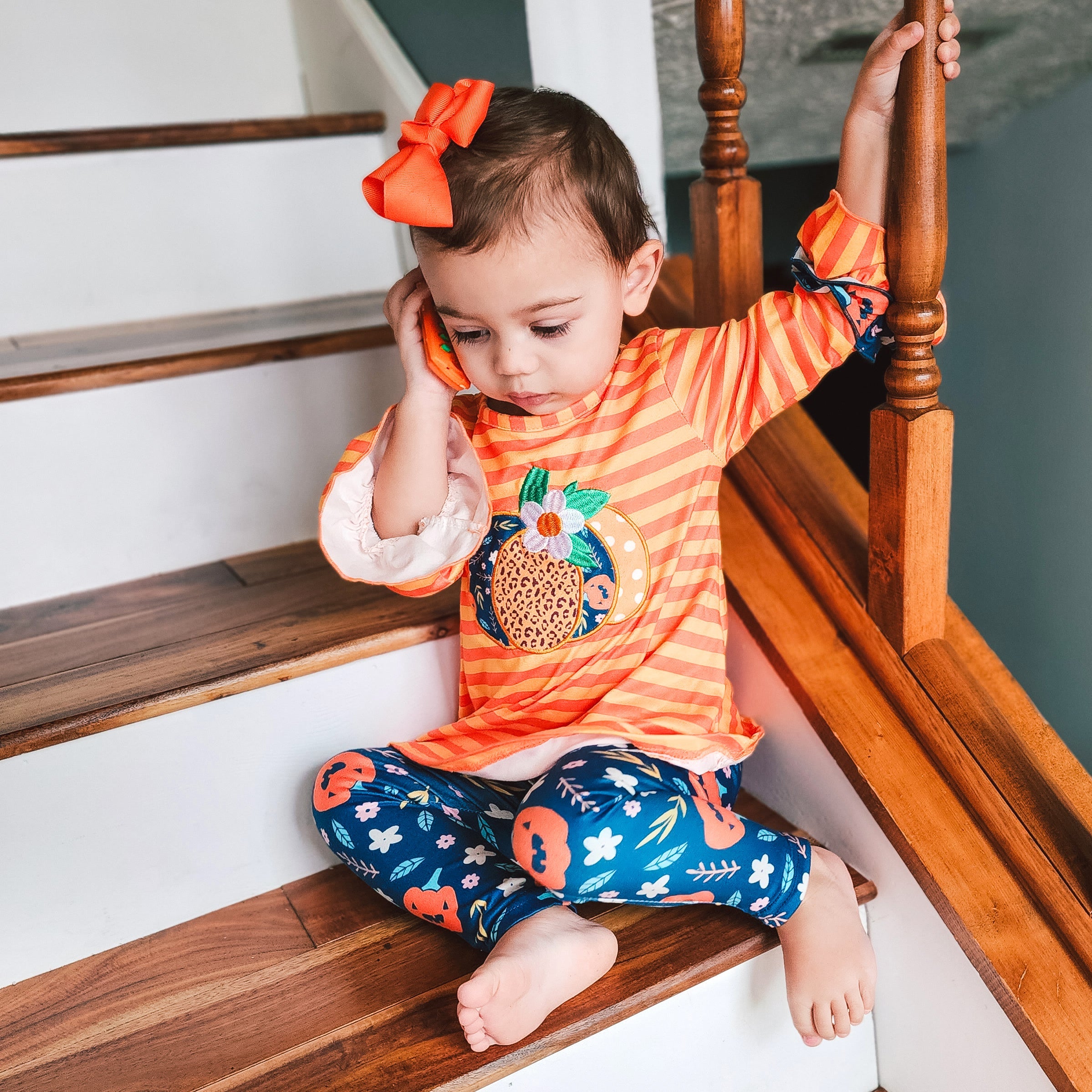 Girls Orange & Blue Fall Harvest Pumpkin Tunic and Leggings-4