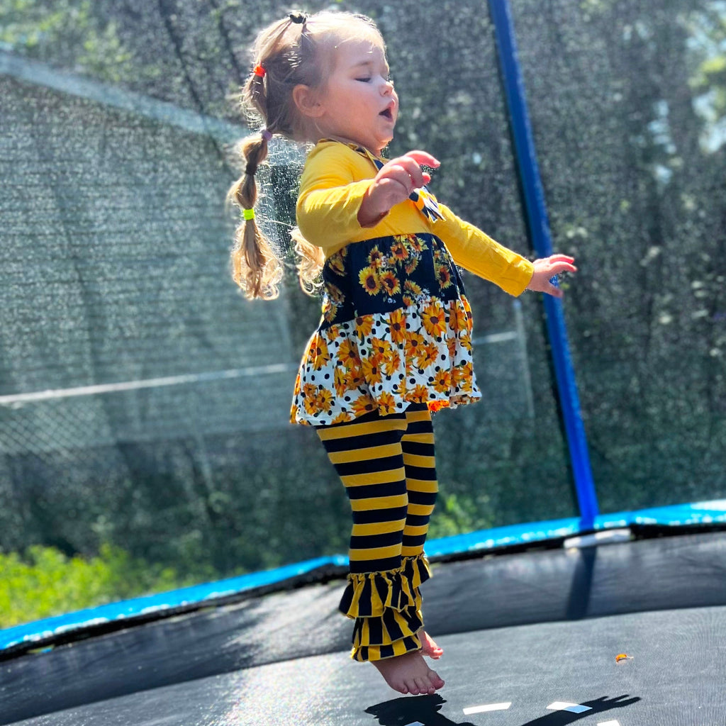 Girls Gold & Navy Floral Fall Long Sleeve Ruffle Shirt & Pants