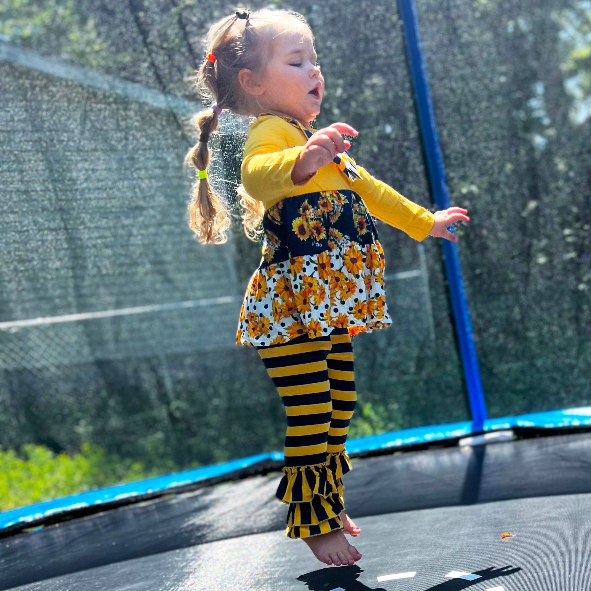 Girls Gold & Navy Floral Fall Long Sleeve Ruffle Shirt & Pants