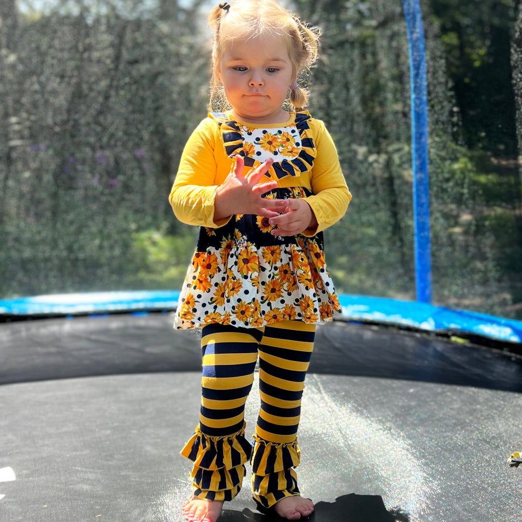 Girls Gold & Navy Floral Fall Long Sleeve Ruffle Shirt & Pants