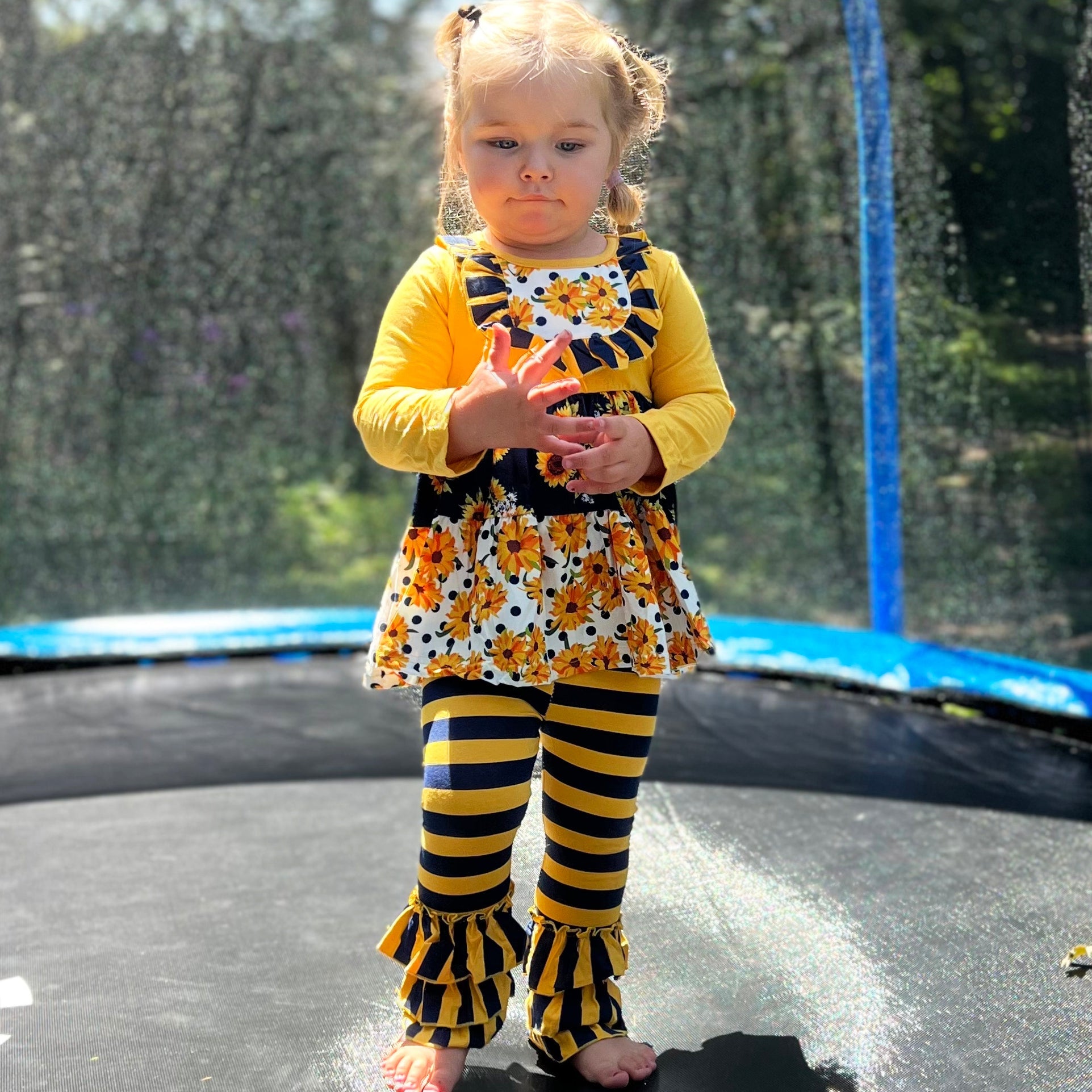 Girls Gold & Navy Floral Fall Long Sleeve Ruffle Shirt & Pants