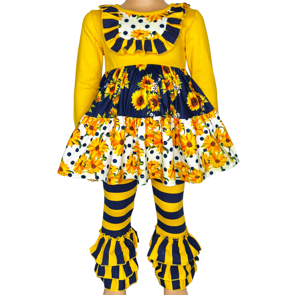 Girls Gold & Navy Floral Fall Long Sleeve Ruffle Shirt & Pants