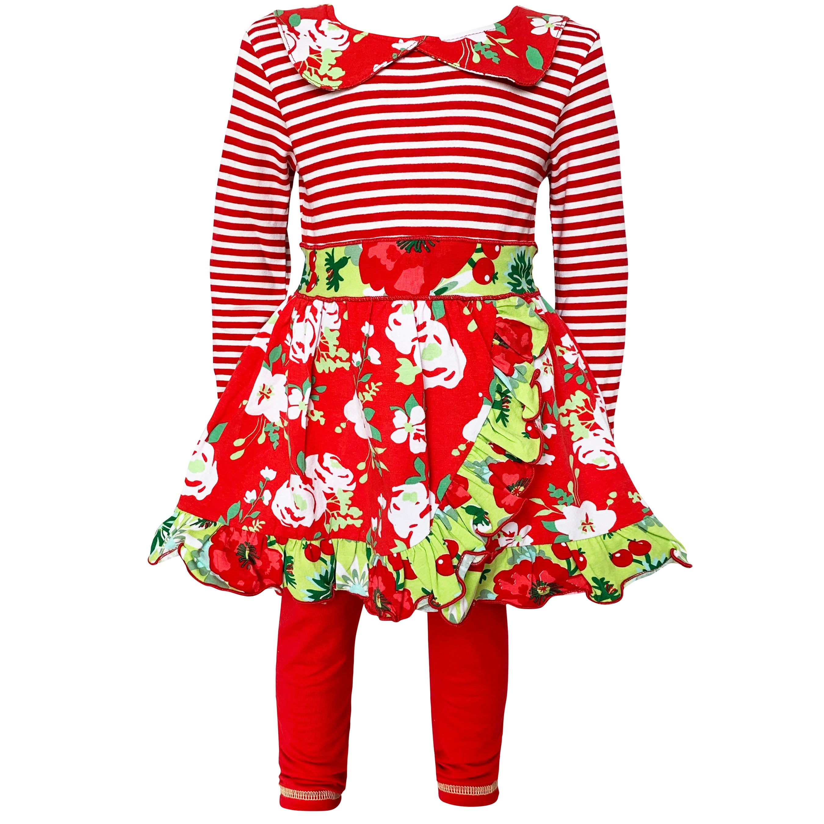 Ann Loren Girls Boutique Red Christmas Floral Holiday Dress Legging Set