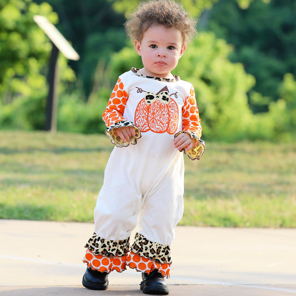 AnnLoren Baby Girls Orange pumpkin Autumn Holiday Cotton Romper-2
