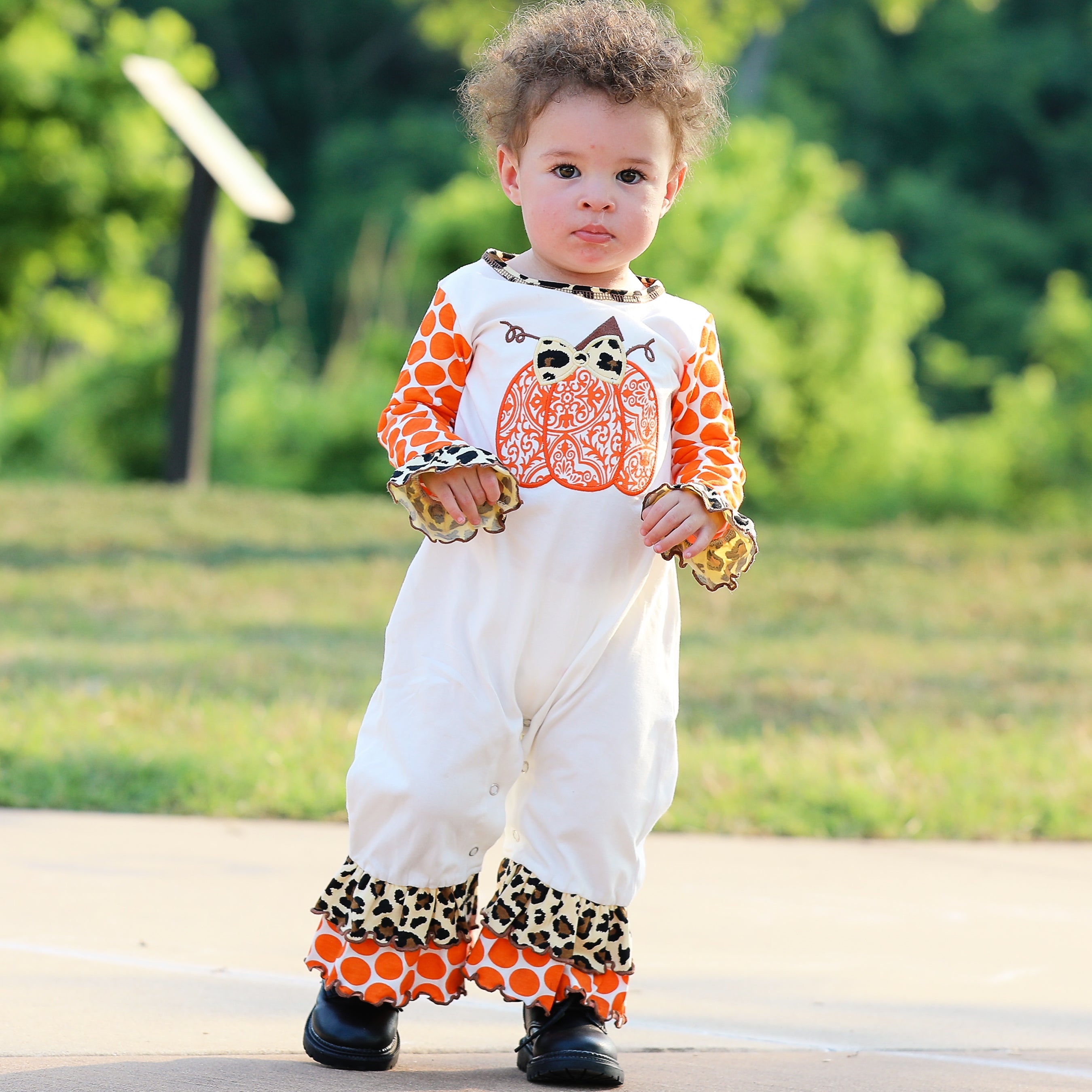 AnnLoren Baby Girls Orange pumpkin Autumn Holiday Cotton Romper-2