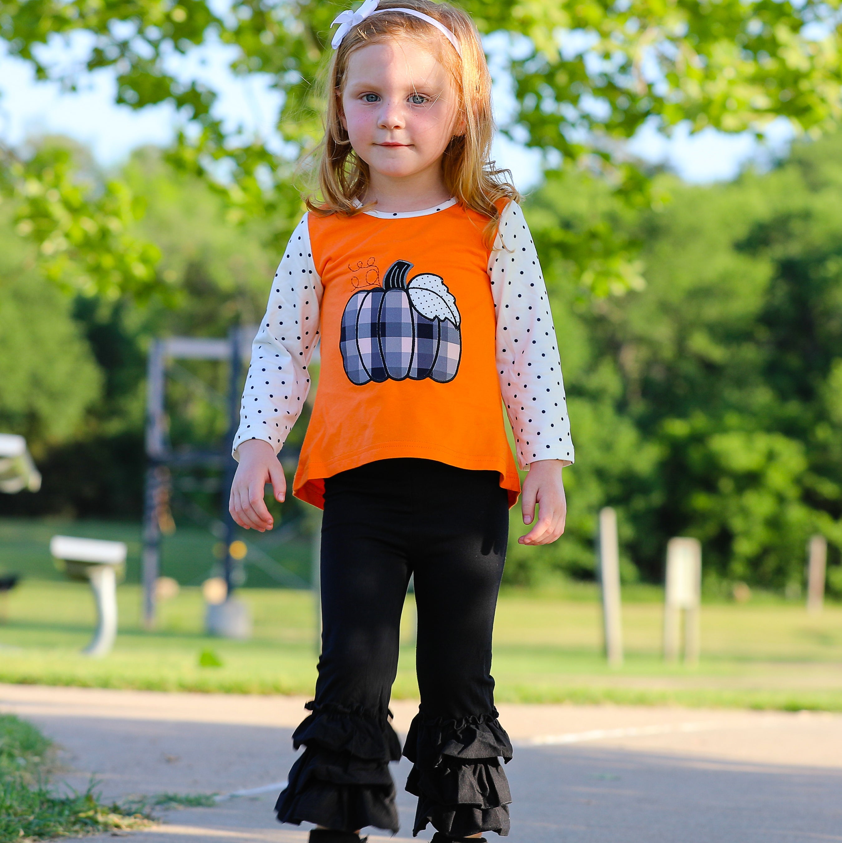 Girls Orange Pumpkin Top & Black Ruffle Pants Halloween Thanksgiving Outfit