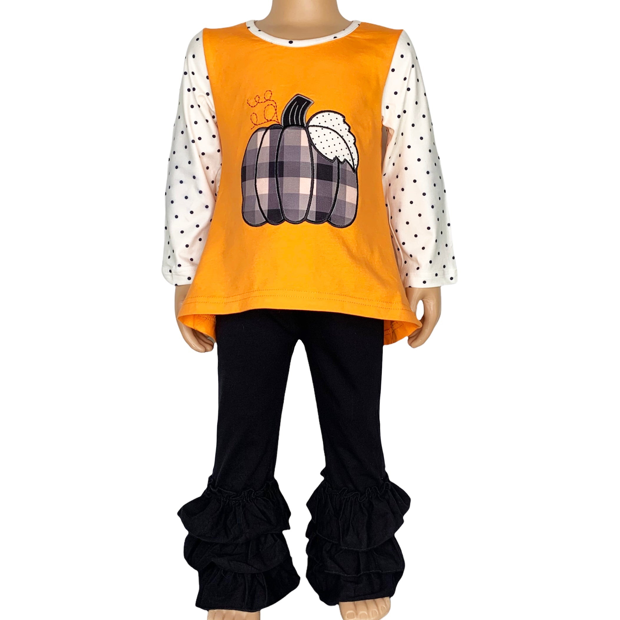 Girls Orange Pumpkin Top & Black Ruffle Pants Halloween Thanksgiving Outfit