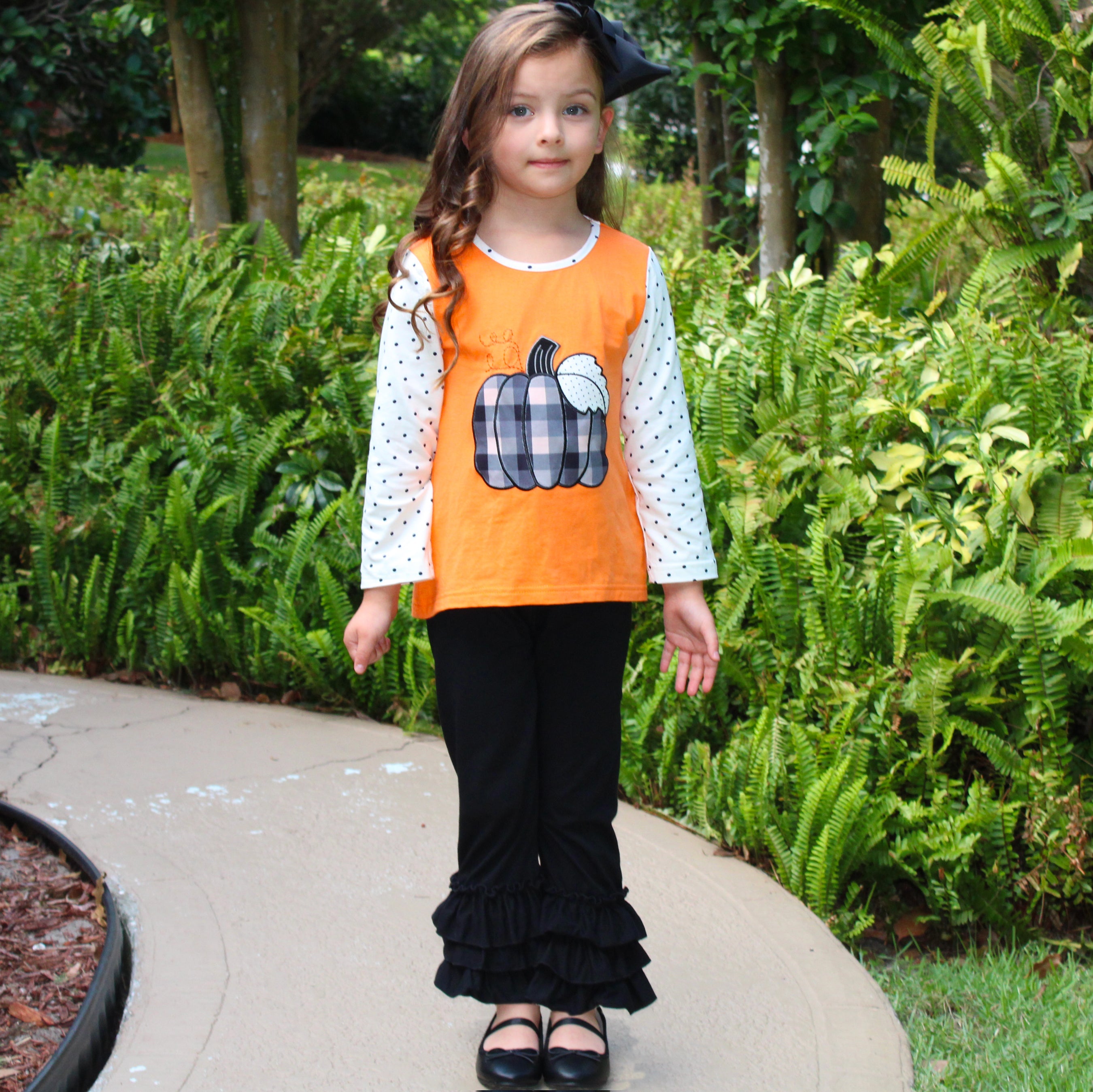 Girls Orange Pumpkin Top & Black Ruffle Pants Halloween Thanksgiving Outfit
