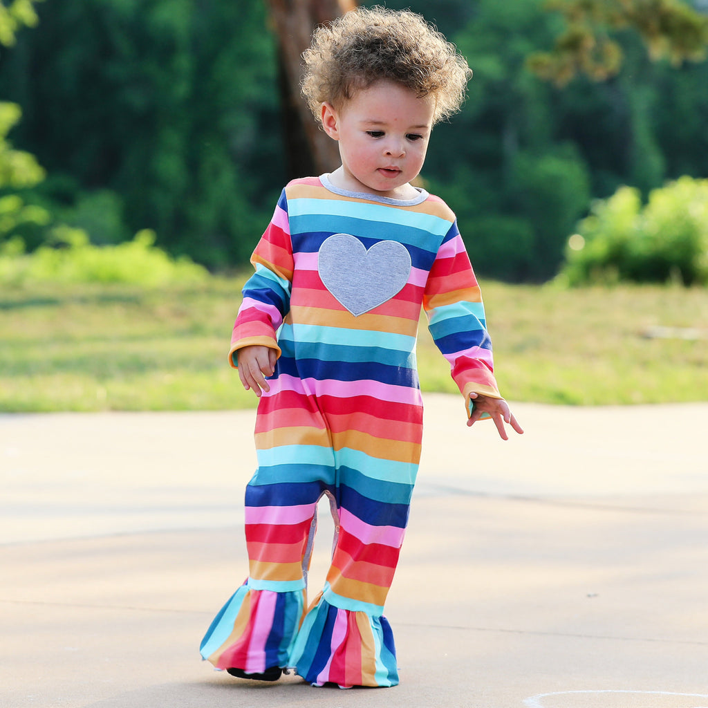 AnnLoren Girls Long Sleeve Rainbow Hearts Baby Toddler Romper One Piece