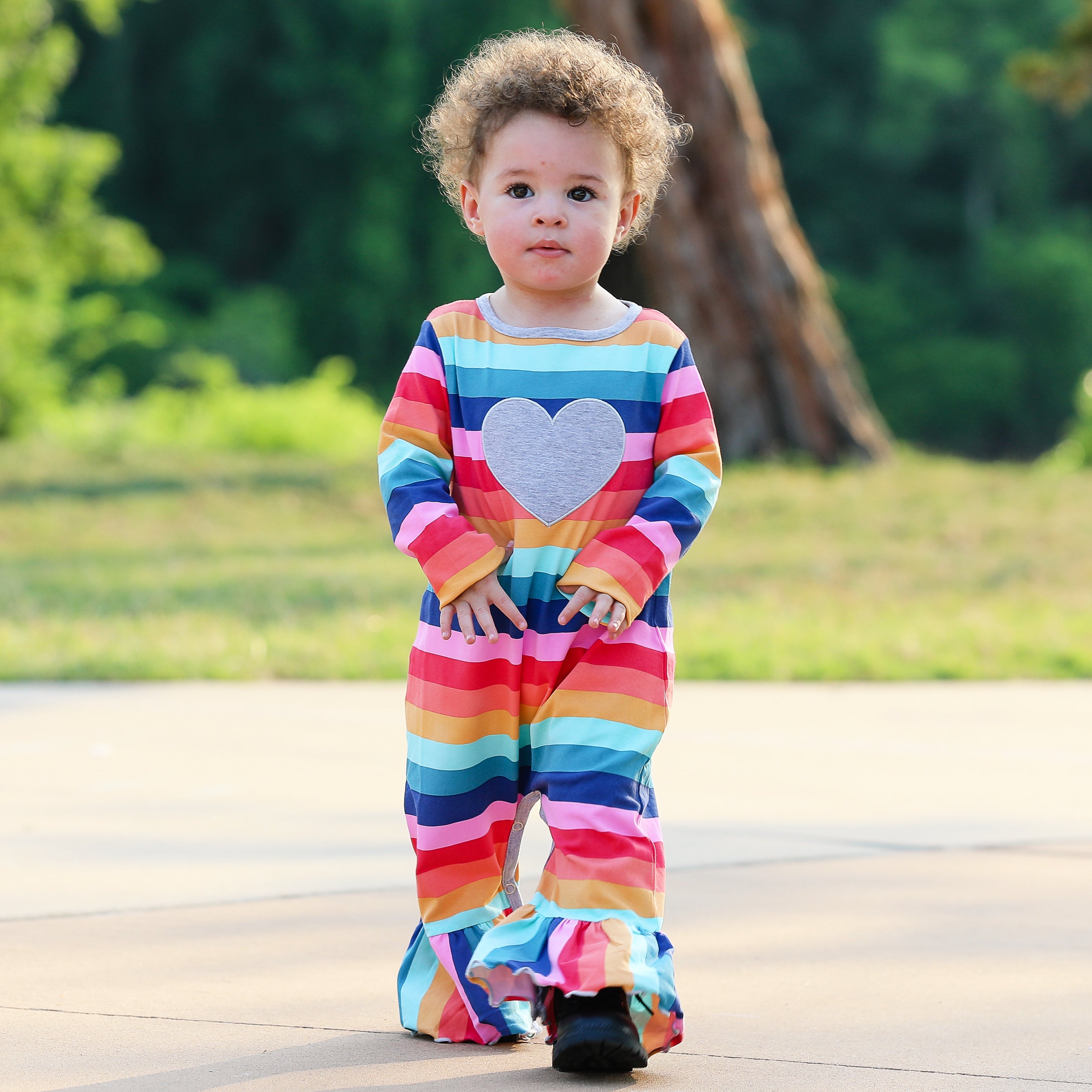 AnnLoren Girls Long Sleeve Rainbow Hearts Baby Toddler Romper One Piece