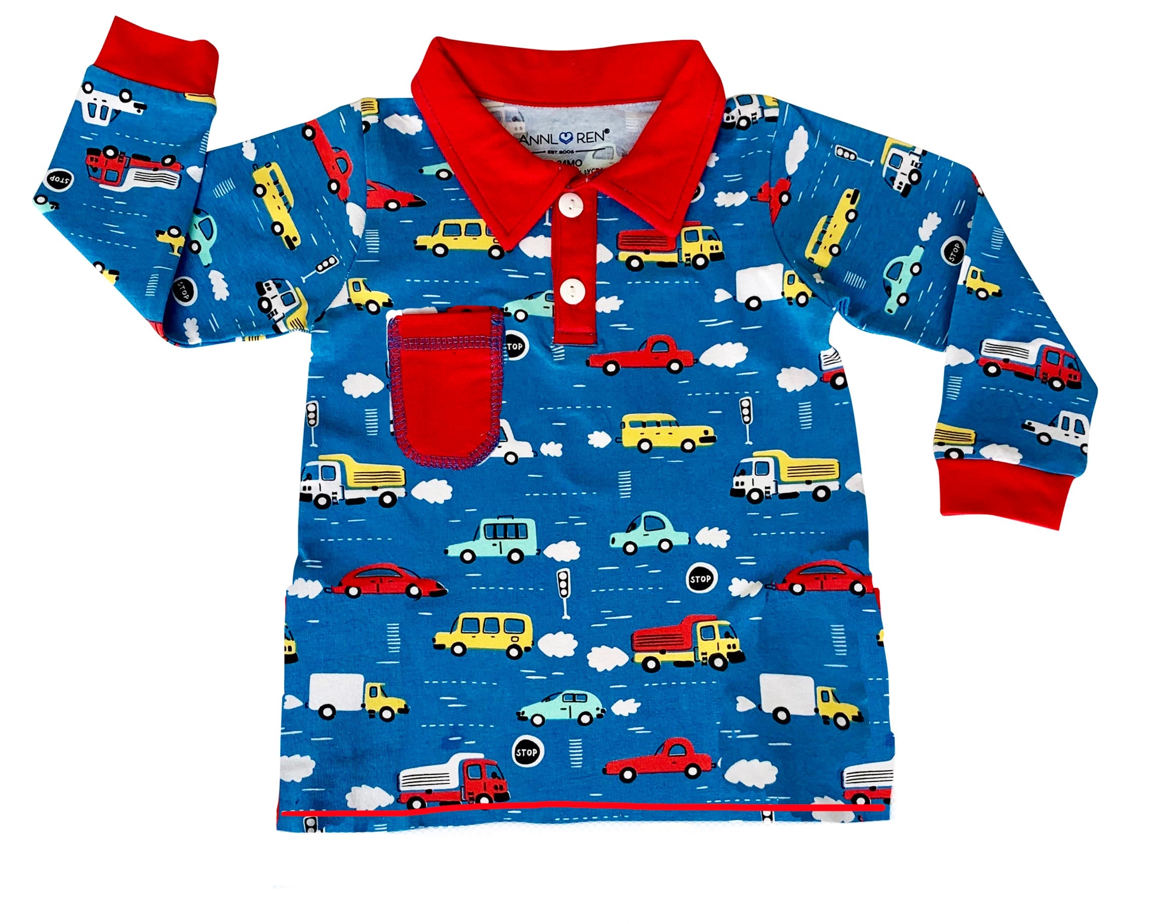 AnnLoren Toddler & Big Boys Long Sleeve Polo Shirt with Pocket Automobile Print-2