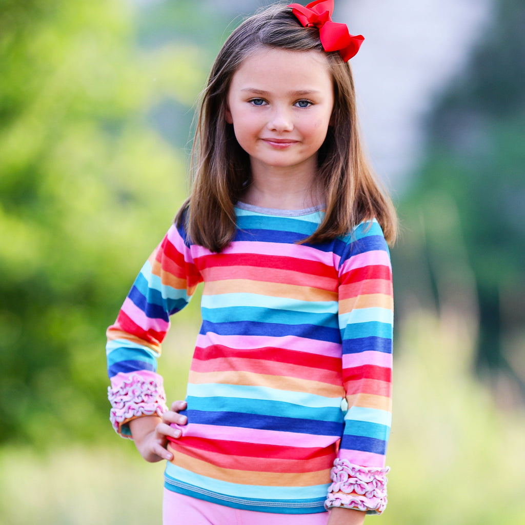 AnnLoren Baby Big Girls Boutique Long Sleeve Rainbow Ruffle Layering T-shirt