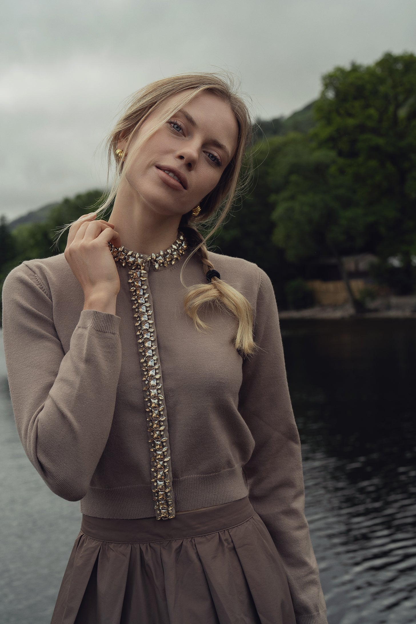 Embellished Cardigan Sweater-Mocha Mousse-0