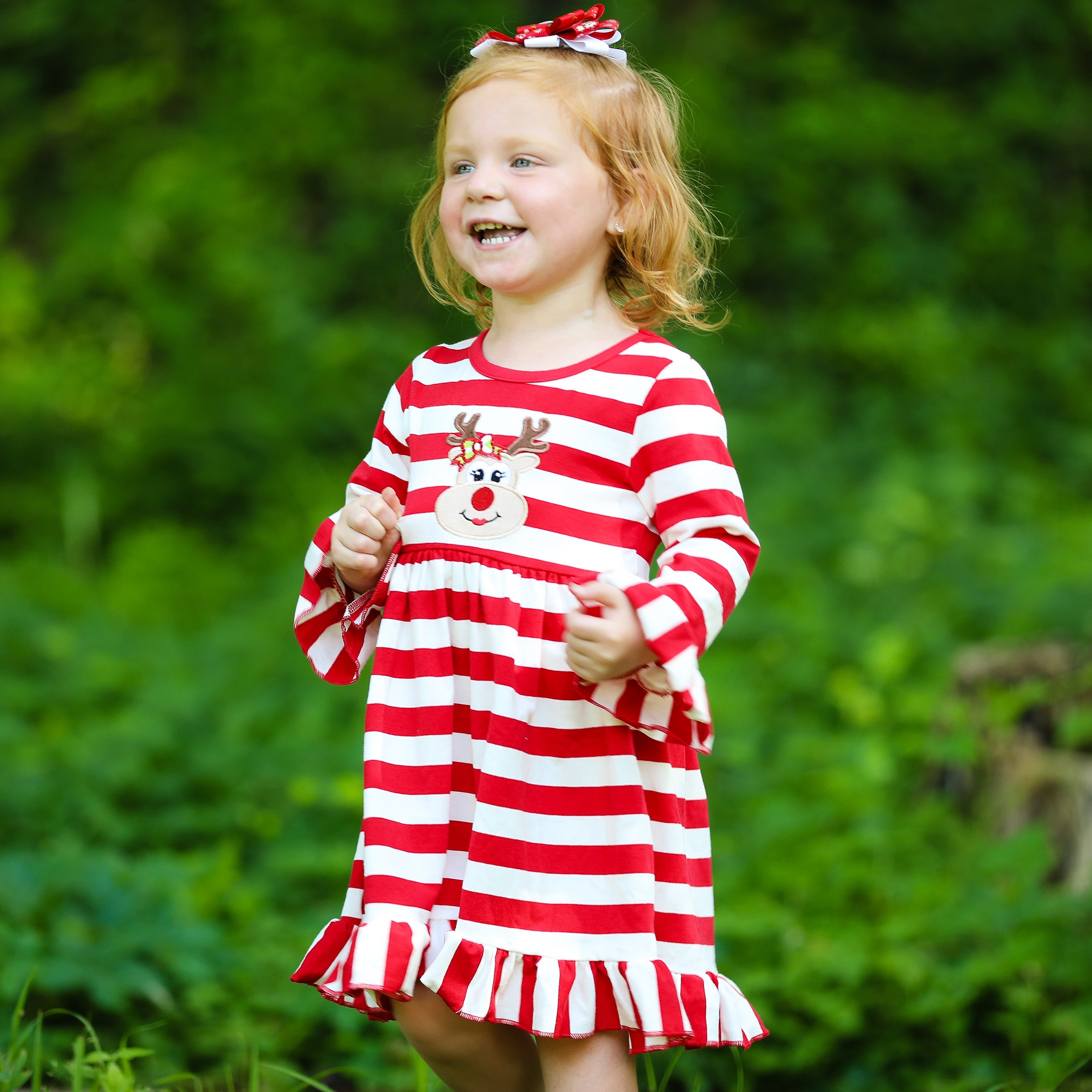 AnnLoren Girls Boutique Red Stripe Christmas Rudolf the Reindeer Swing Dress-3