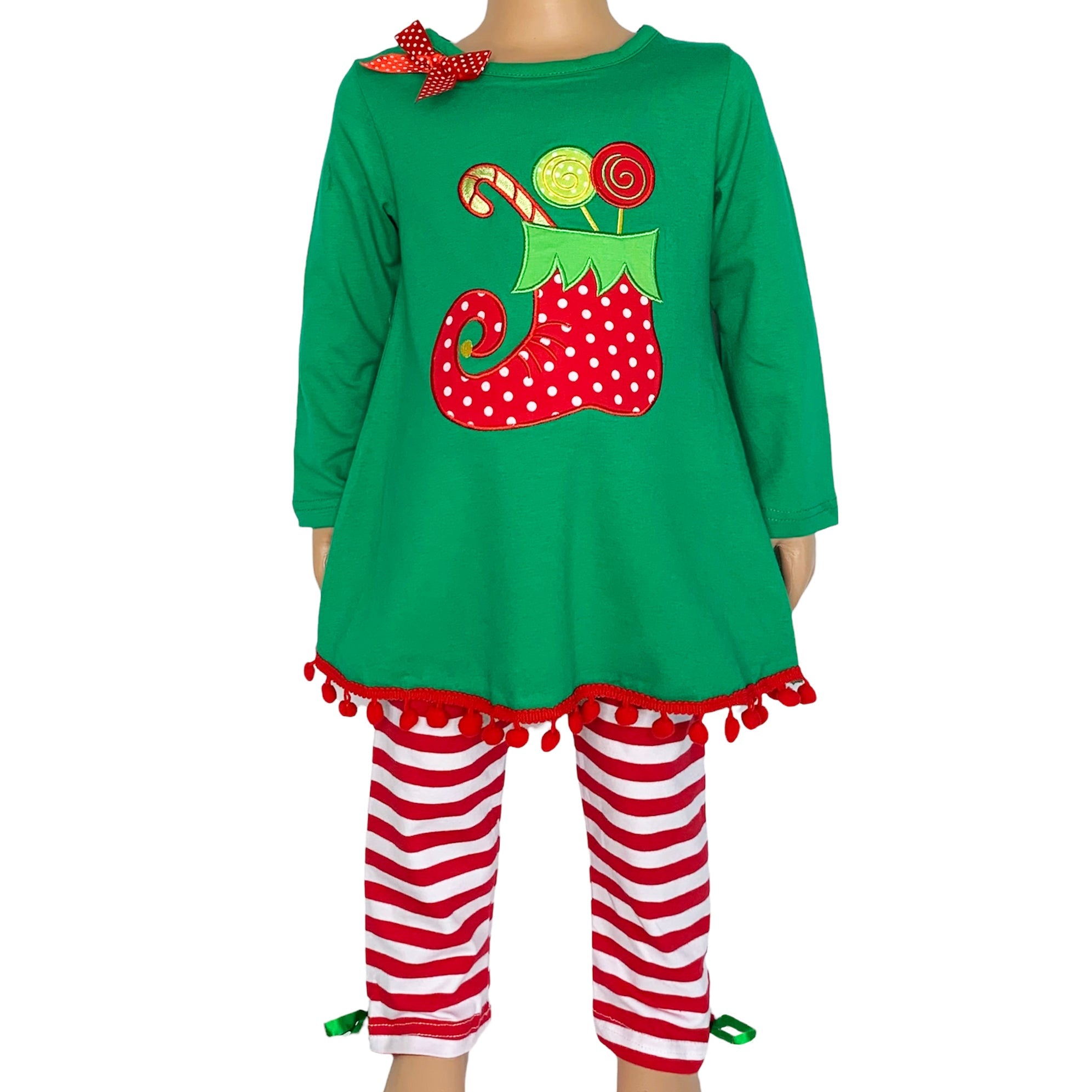 Girls Christmas Holiday Elf Stocking Top & Stripe Pants Outfit Set-0