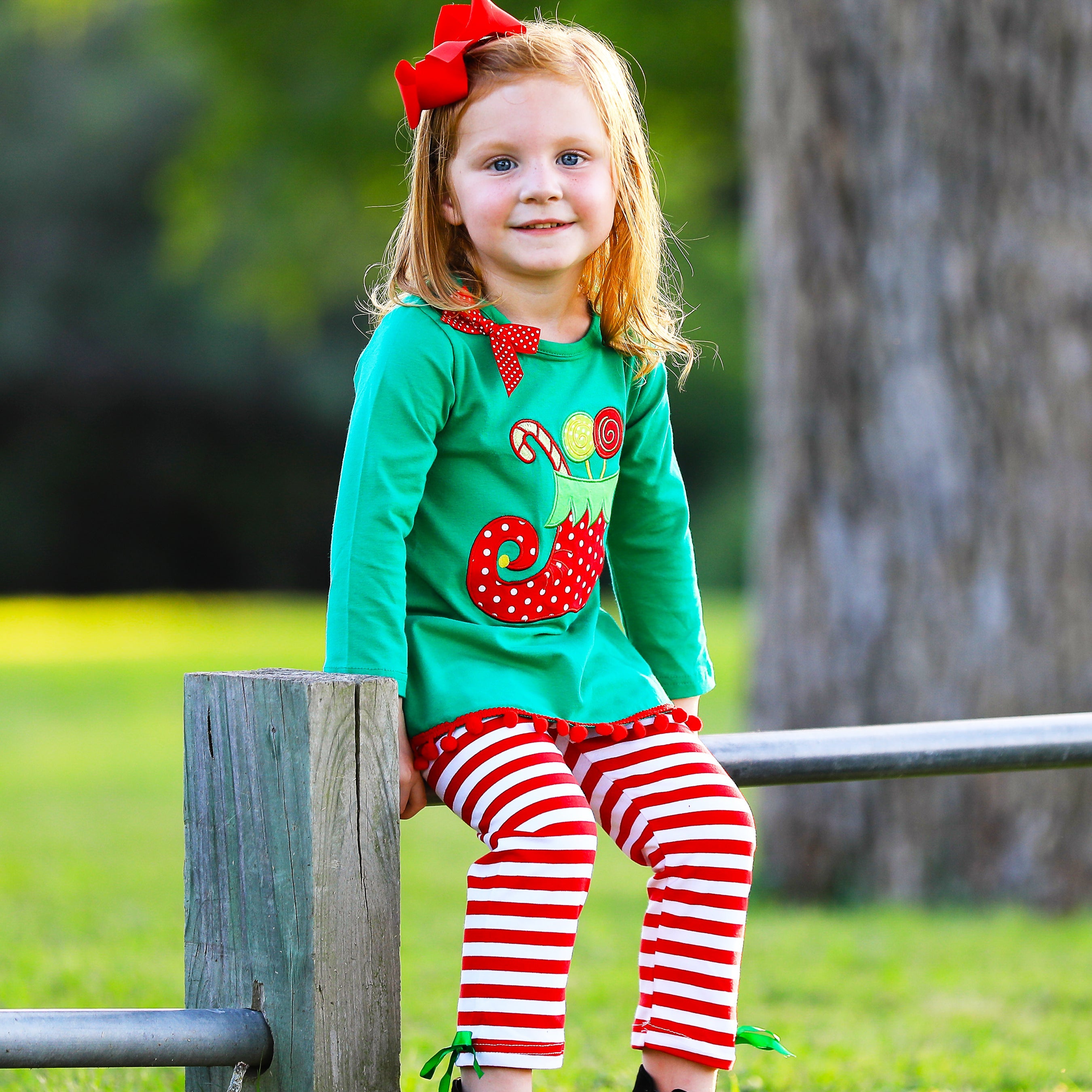 Girls Christmas Holiday Elf Stocking Top & Stripe Pants Outfit Set-1