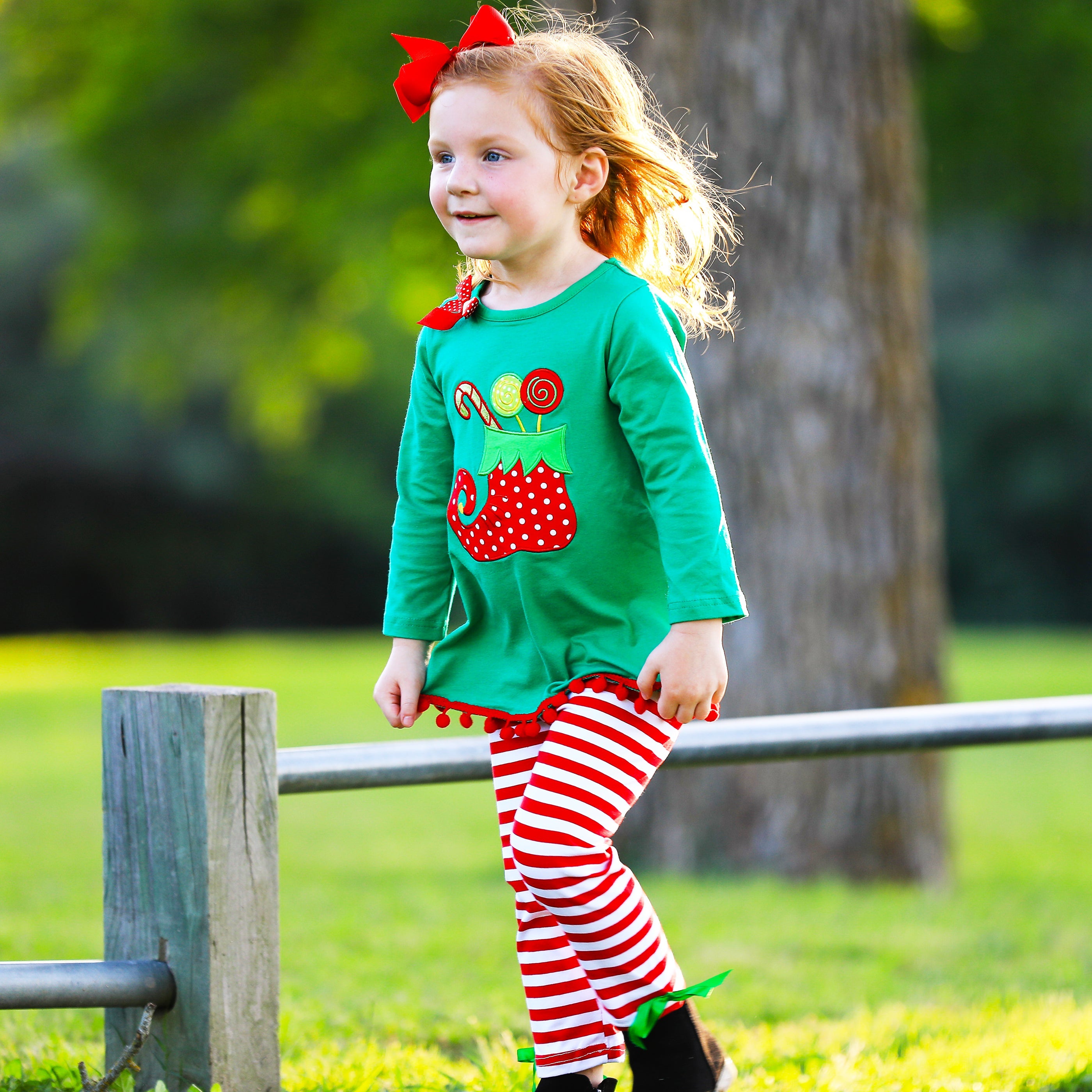 Girls Christmas Holiday Elf Stocking Top & Stripe Pants Outfit Set-2