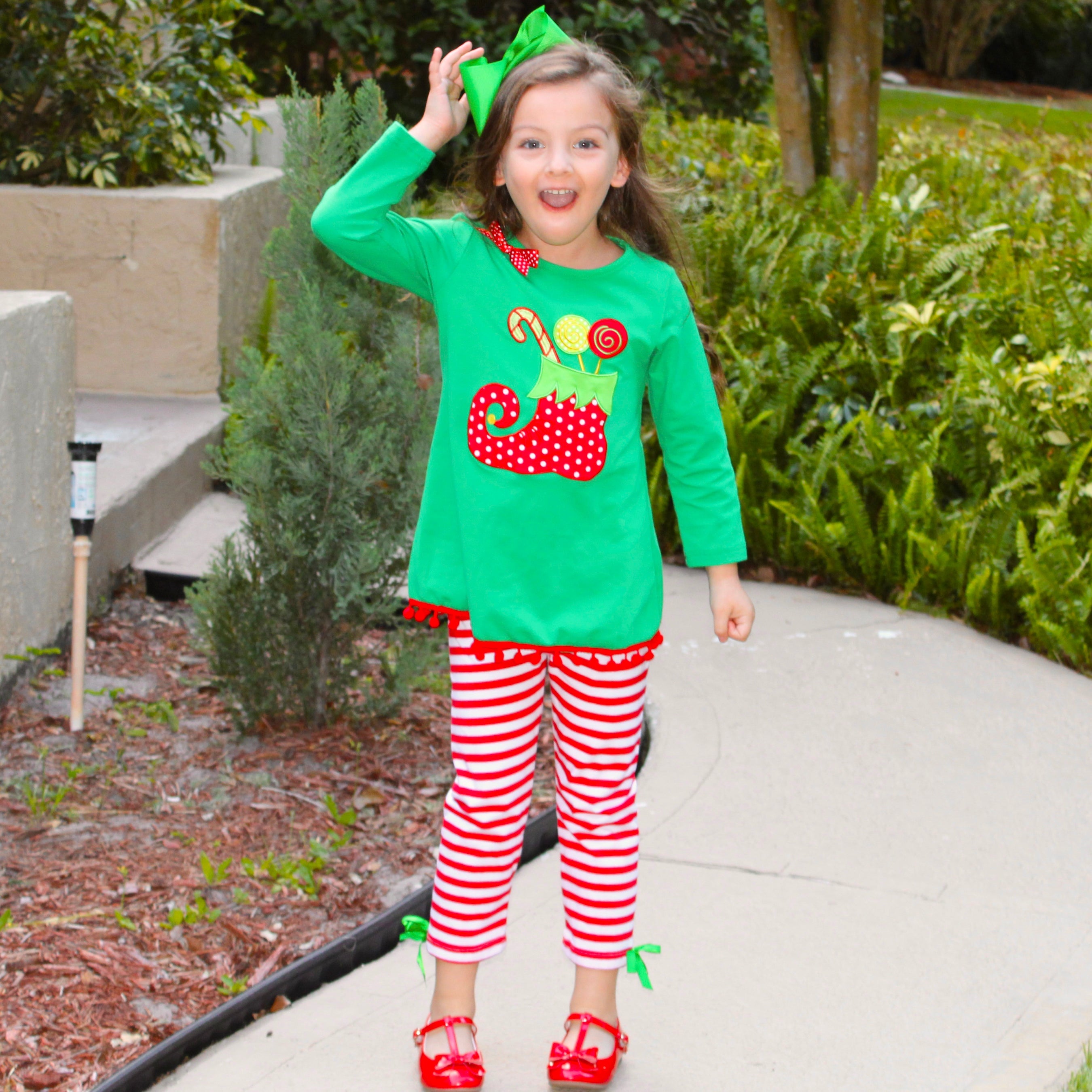 Girls Christmas Holiday Elf Stocking Top & Stripe Pants Outfit Set-3