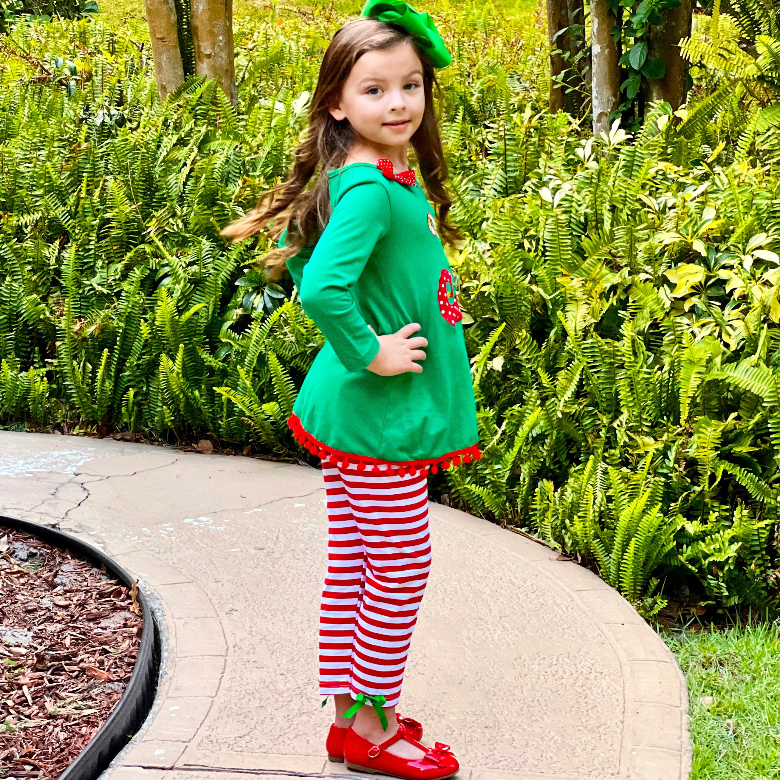 Girls Christmas Holiday Elf Stocking Top & Stripe Pants Outfit Set-4