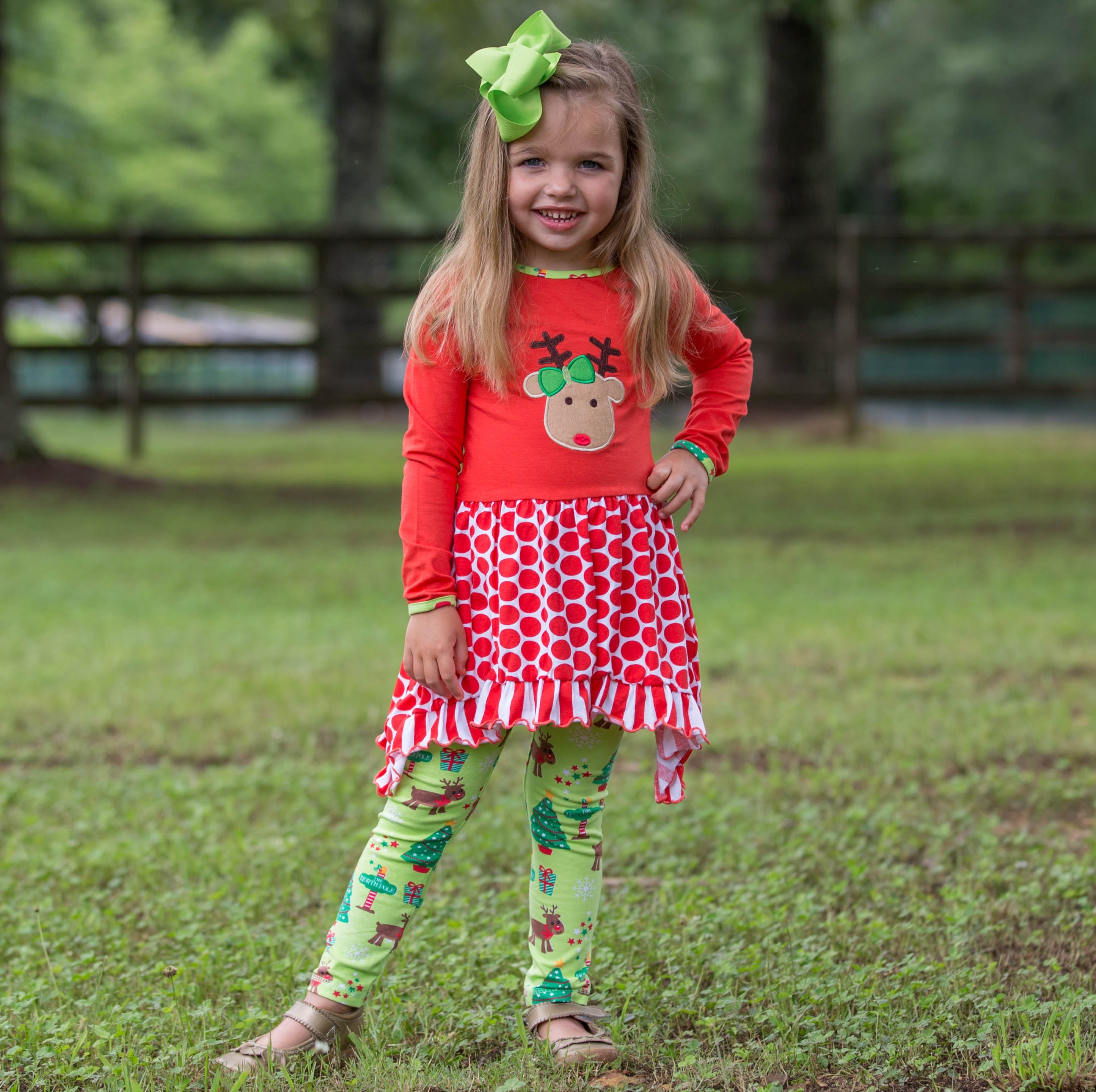 AnnLoren Girls Christmas Reindeer Tunic and Holiday Legging Set-3