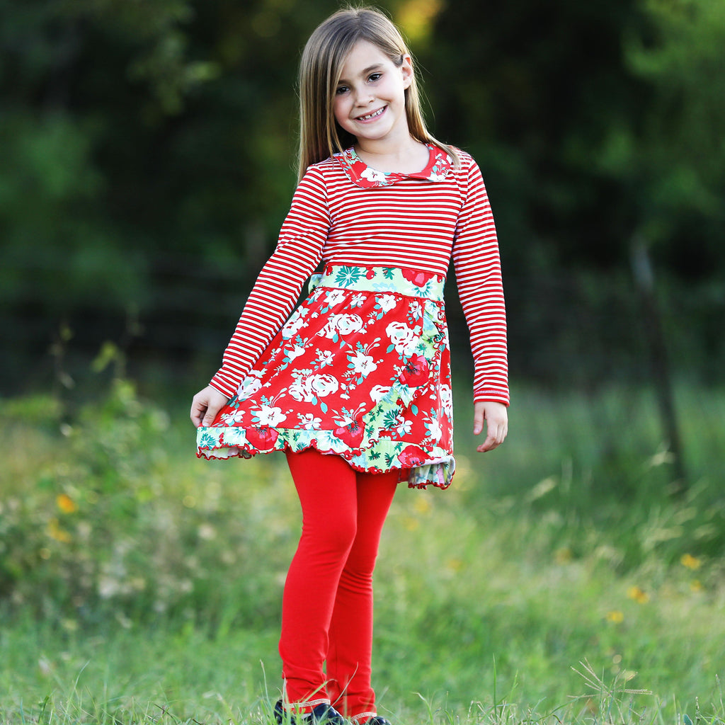 Ann Loren Girls Boutique Red Christmas Floral Holiday Dress Legging Set
