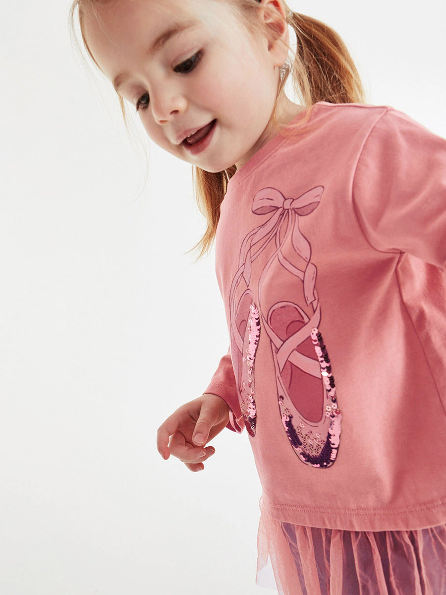 Girls’ Cartoon Dancing Shoes Long Sleeves T-Shirt Dress In European And American Style For Autumn-2