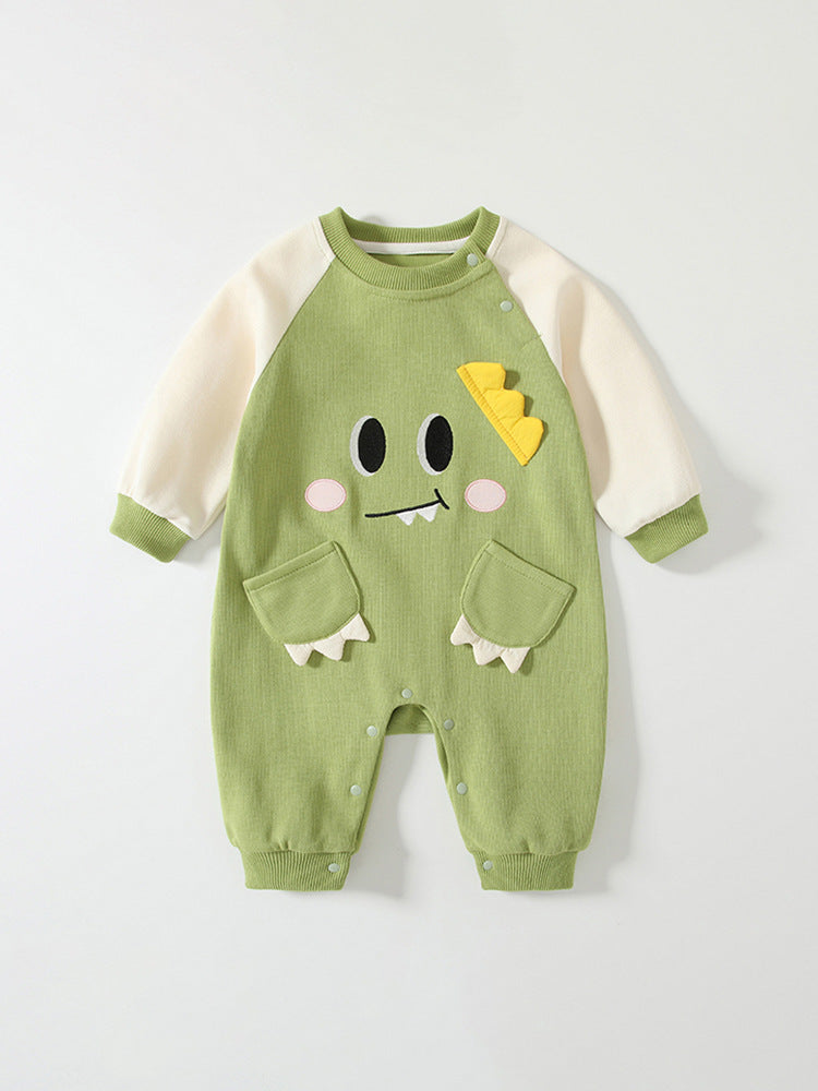 Spring Arrival Baby Cartoon Dragon Pattern Color Patchwork Romper-0