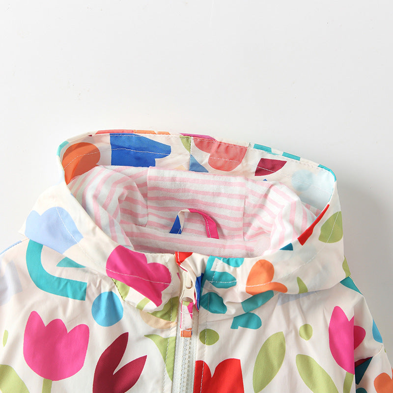 Arrival European and American Style Girls’ Hooded Zip-up Colorful Flowers Pattern Coat with Long Sleeves