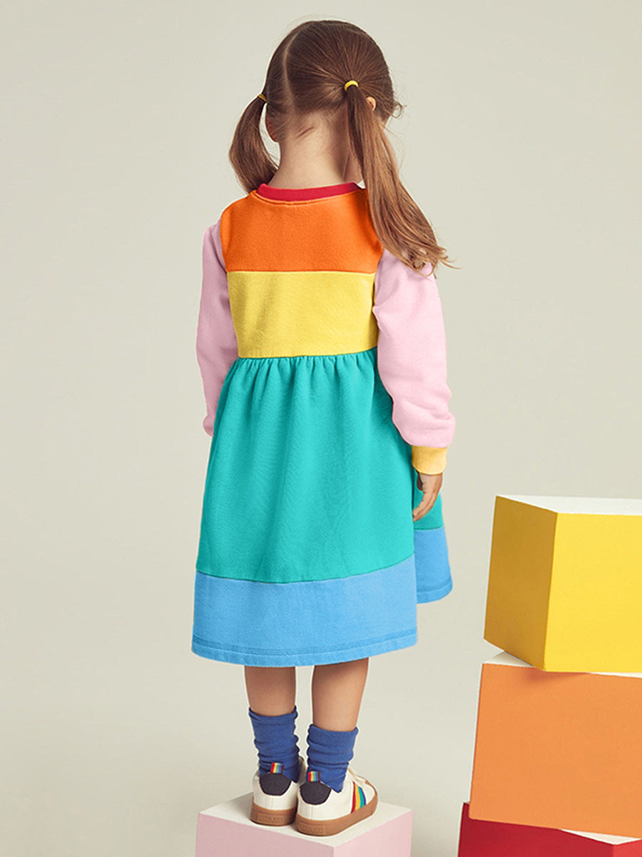 Arrival Autumn Girls Long Sleeves Rainbow Color Patchwork Crew Neck Dress-2