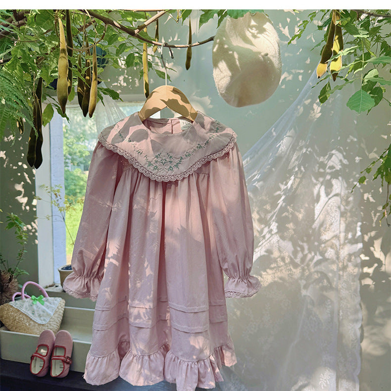 Arrival Girls Autumn French Flowers Embroidered Pattern Long Sleeves Dress