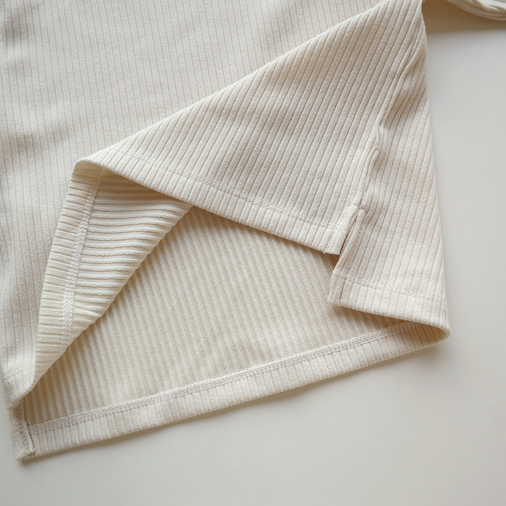 Spring and Autumn Kids Unisex Casual Solid Color Long Sleeves Striped Top and Pants Knitted Clothing Set-4