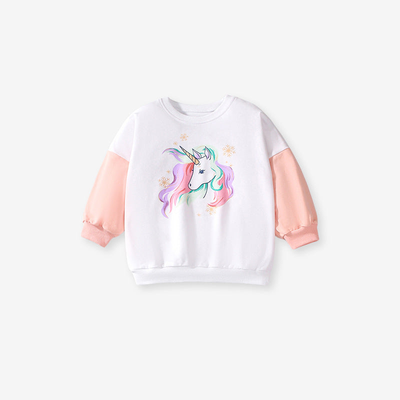 Spring And Autumn Girls Cartoon Unicorn Pattern Long Sleeves Crew Neck Top Sweatshirt And Pants Clothing Set-1