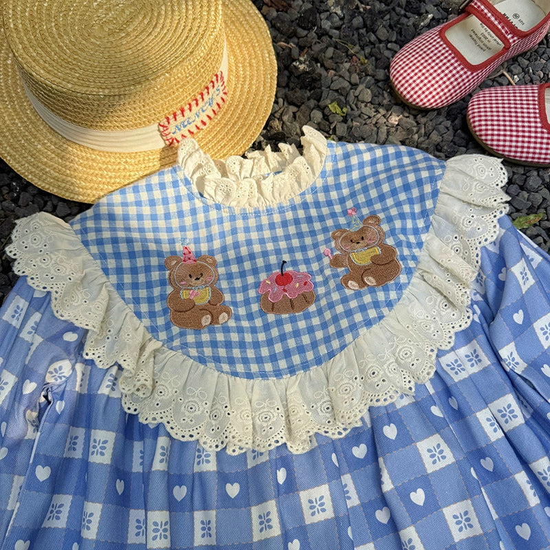 Arrival Girls Autumn Teddy Bear and Plaid Pattern Long Sleeves Dress-1