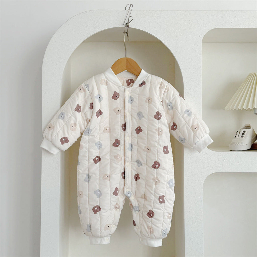 Autumn and Winter Arrival Unisex Baby’s Teddy Printed Fleece-lined and Thickened Rompers for Warmth-0