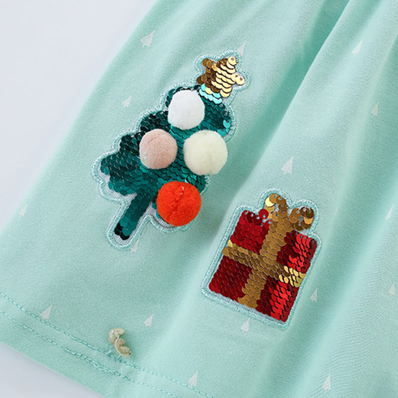 Autumn and Spring New Arrival Christmas Cartoon Sequins Pattern Long Sleeves Dress for Stylish Girls-2