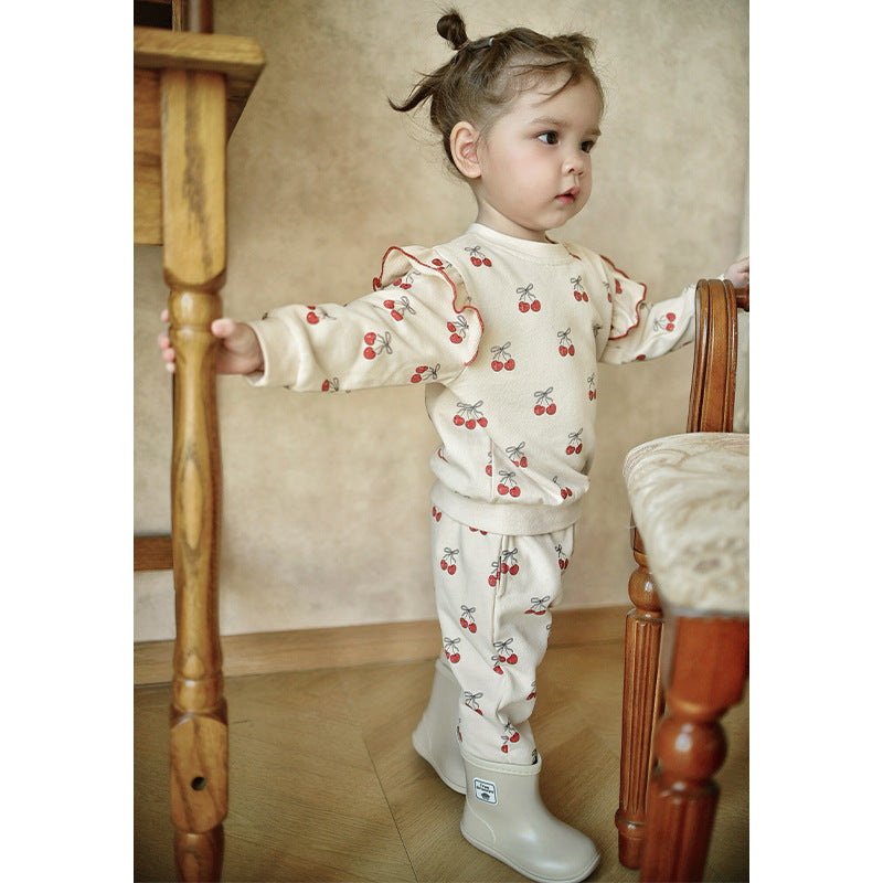 Spring and Autumn Girls Cherry Pattern Long Sleeves Top and Pants Clothing Set-2