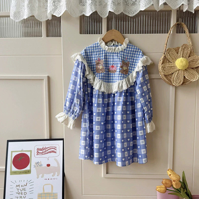 Arrival Girls Autumn Teddy Bear and Plaid Pattern Long Sleeves Dress-0