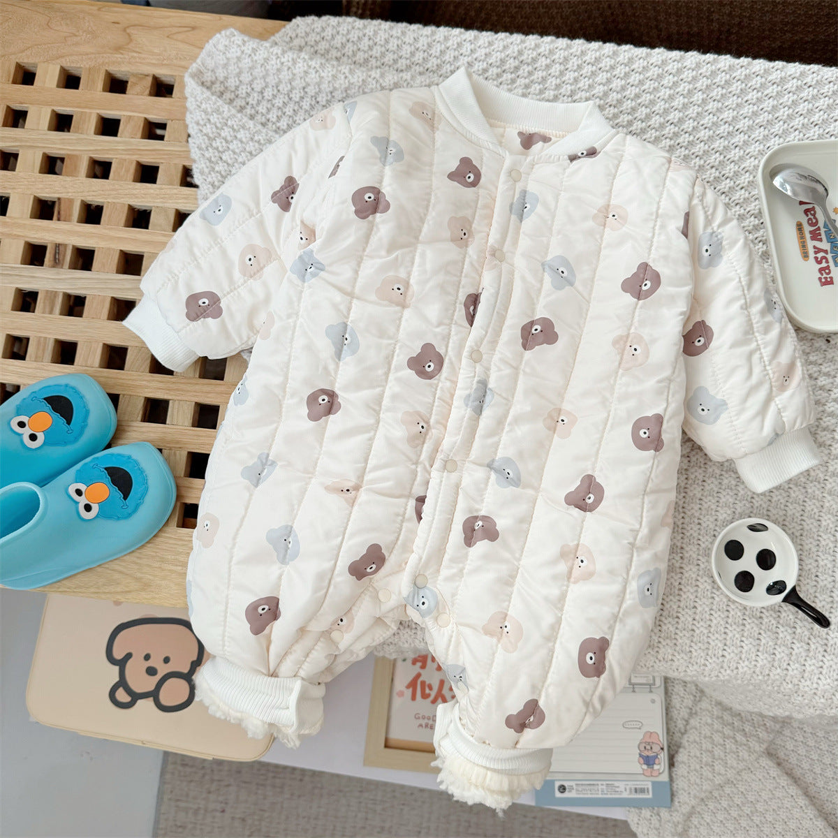 Autumn and Winter Arrival Unisex Baby’s Teddy Printed Fleece-lined and Thickened Rompers for Warmth-2