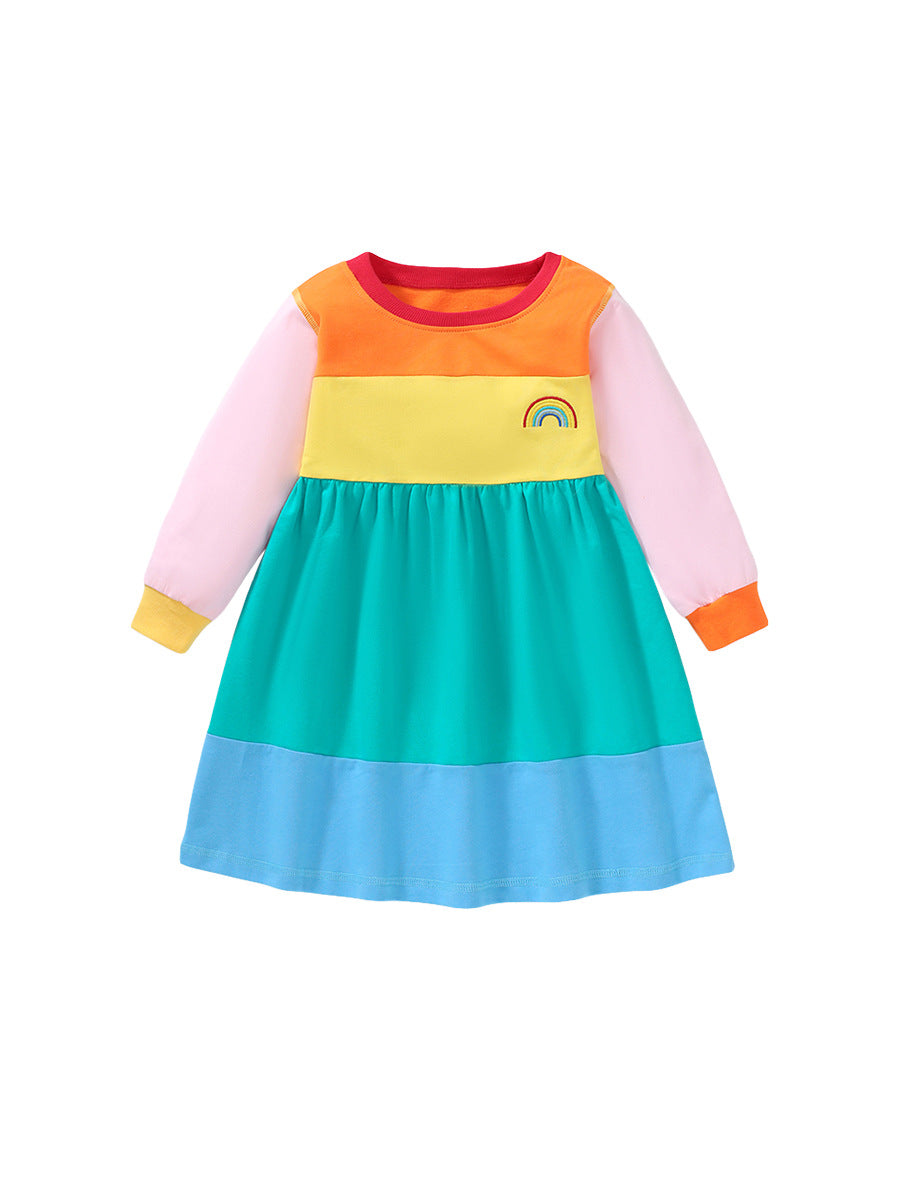 Arrival Autumn Girls Long Sleeves Rainbow Color Patchwork Crew Neck Dress-0