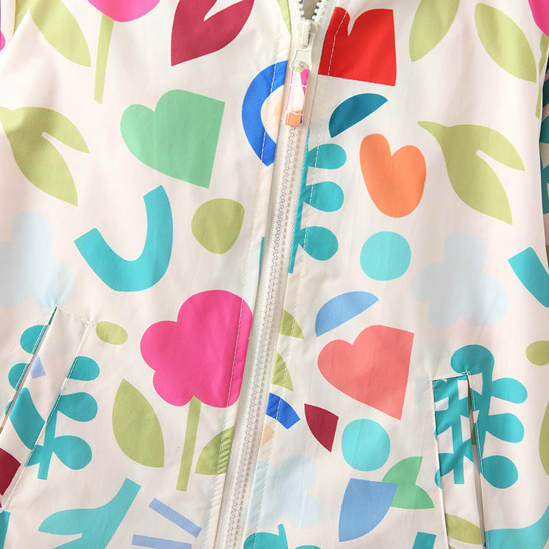 Arrival European and American Style Girls’ Hooded Zip-up Colorful Flowers Pattern Coat with Long Sleeves