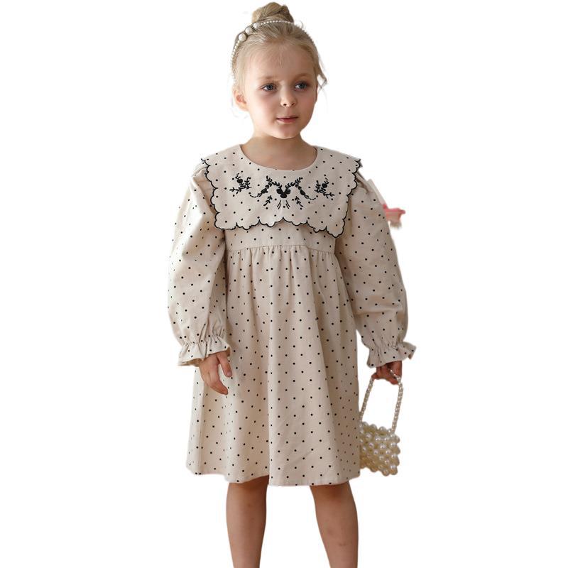 Arrival Autumn Girls Vintage Crew Neck Long Sleeves Dots Print and Flowers Embroidery Pattern Dress-1