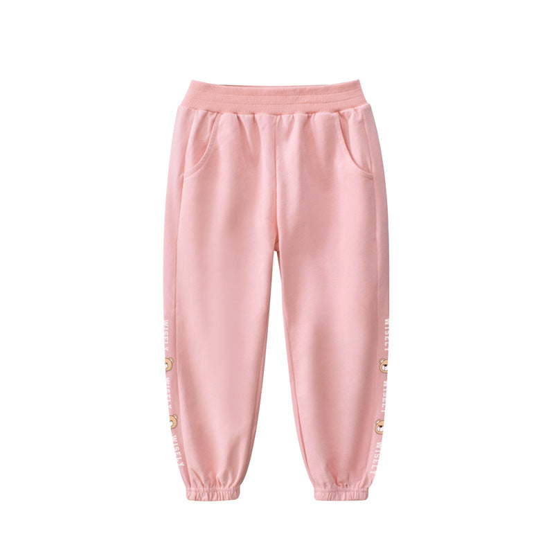 Baby Solid Color Side Cartoon Print Design Thin Style Pants-2